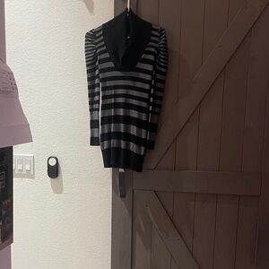 Elegant Black and Gray Striped Turtleneck Sweater